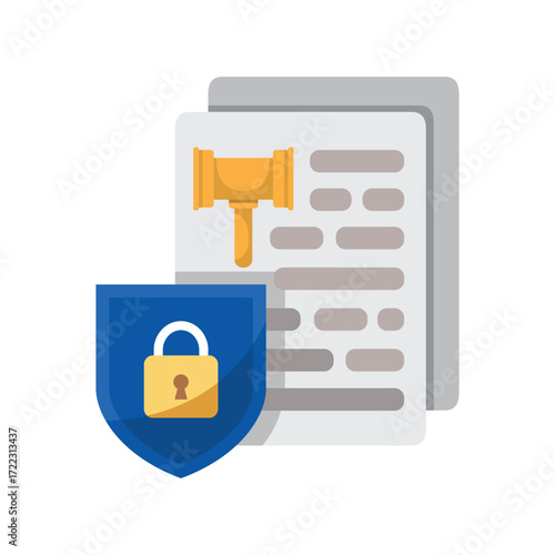 Blue shield with yellow lock in front of legal documents and gavel
