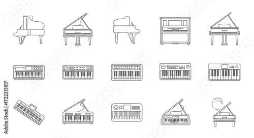 Simple line art icons depicting various ice cream cones, scoops, and desserts, including one location pin.