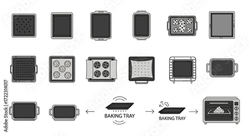 A collection of baking trays and pans in various shapes and sizes, including an illustration of a baking tray being placed into an oven.