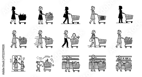 A set of black and white illustrations depicting a woman shopping with a cart, including various scenarios of filling the cart and interacting with a child.