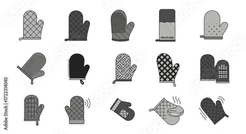 A collection of fifteen oven mitt illustrations in grayscale, showcasing various designs, patterns, and shapes, some with steam effects.