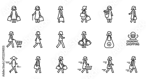 Collection of line art illustrations depicting women engaged in various shopping activities.