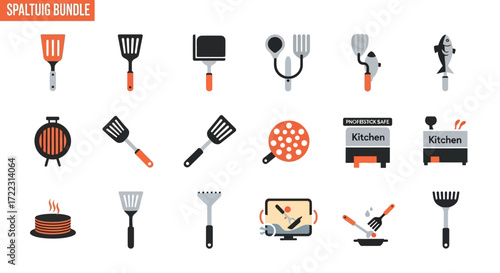 Collection of flat, colored icons depicting various kitchen and grilling tools and appliances.