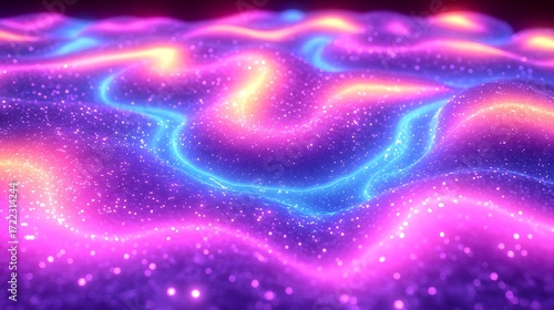 A vibrant, swirling pattern of shimmering, luminous streaks of neon colors across a textured surface, creating a captivating and otherworldly effect.