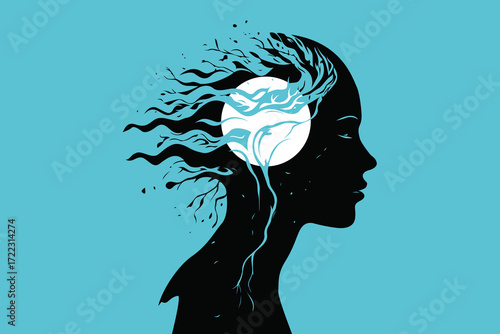 Abstract Mind Silhouette with Tree Roots and Moon – Meditation and Spiritual Concept Illustration