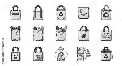 Set of monochrome icons illustrating various reusable shopping bags, grocery items, and sustainable consumer practices.