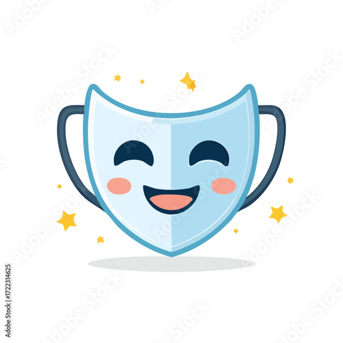 A cheerful cartoon theater mask with a smiling face and star decorations.