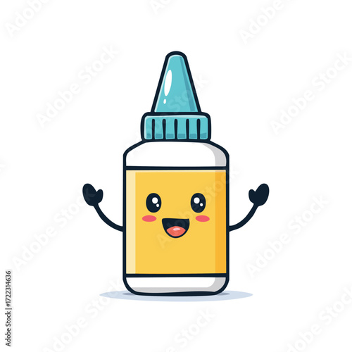 A cheerful cartoon illustration of a glue bottle with a smiling face and outstretched arms.
