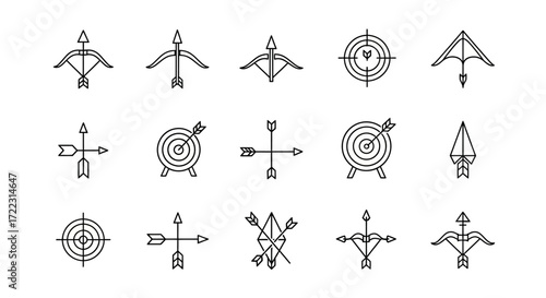 Collection of archery and target icons in a clean, minimalist line art style, featuring bows, arrows, and bullseye targets.