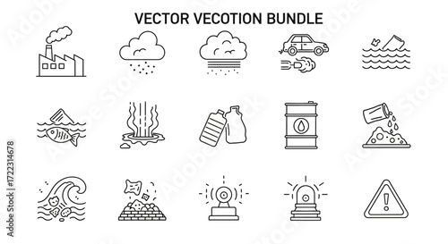 Collection of simple line art icons depicting environmental issues and pollution.