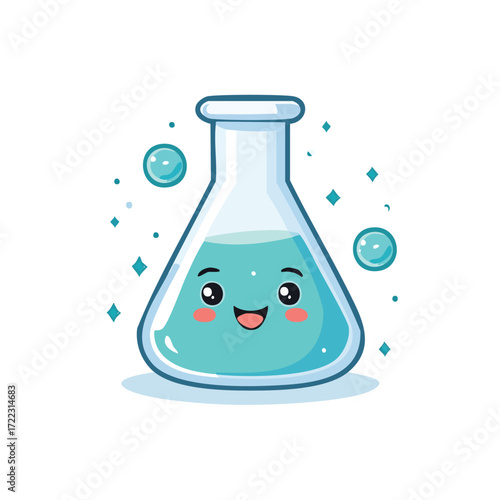 Cute cartoon illustration of a smiling Erlenmeyer flask with blue liquid and bubbles, science concept.