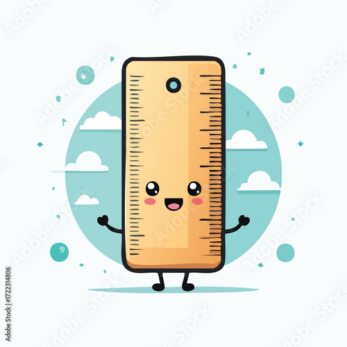 Cute cartoon ruler character with a happy expression, arms raised, and a friendly smile.