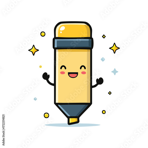 Cute cartoon highlighter with a smiling face and arms, surrounded by sparkles.