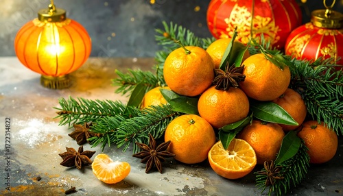 Tangerines, festive decor, and spices