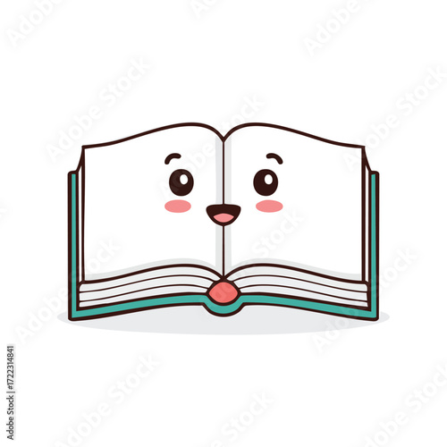 An open book with a cute cartoon face, featuring eyes, a smile, and rosy cheeks, ready to read.