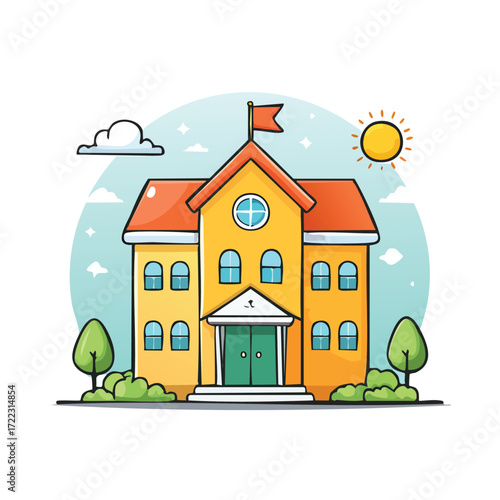 Illustration of a yellow school building with a red roof, flag, and trees under a blue sky with clouds and sun.
