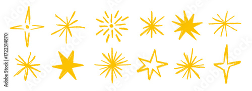 Golden crayon hand drawn stars and sparkles set. Yellow rough brush stroke shine element pack for collage, poster, sticker, label. Childish doodle sparks collection. Sketched pencil asterisks. Vector