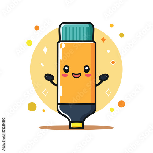 Cute cartoon illustration of a highlighter pen with a smiling face and arms, surrounded by sparkles.