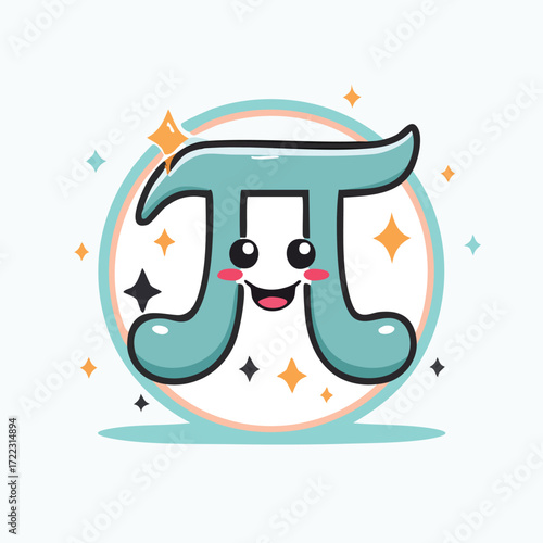 Cute cartoon illustration of the mathematical symbol pi with a smiling face and sparkling stars.