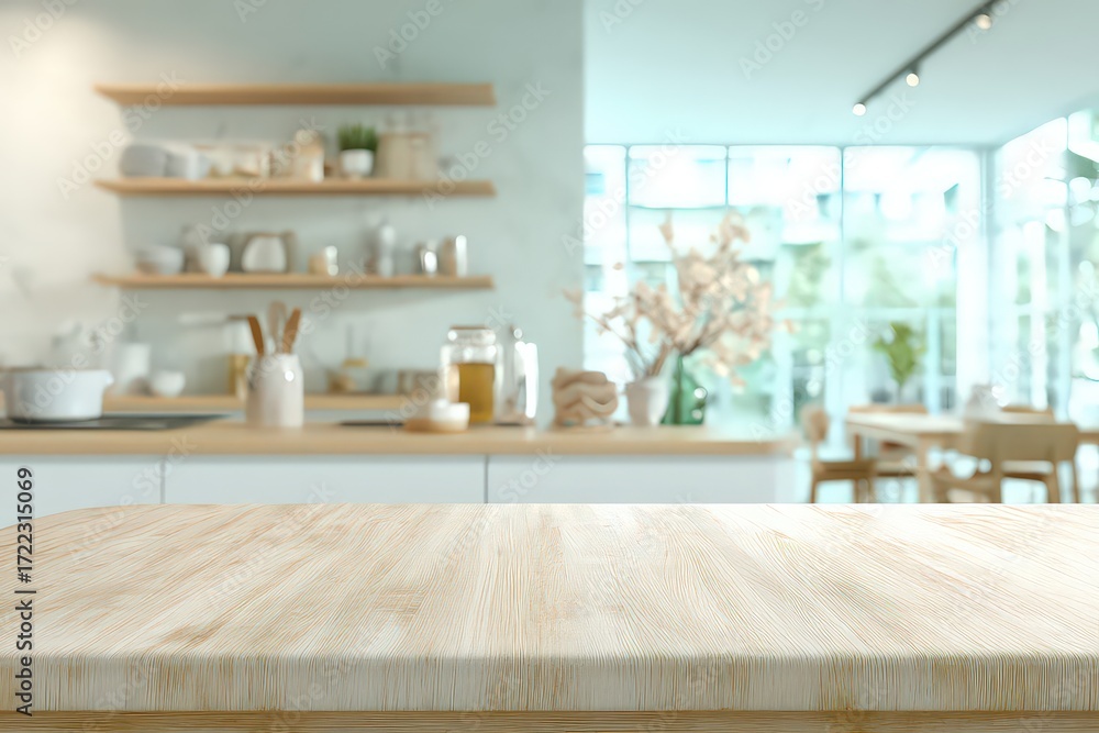 Fototapeta premium Wooden Table Top In Front Of Modern Kitchen Interior