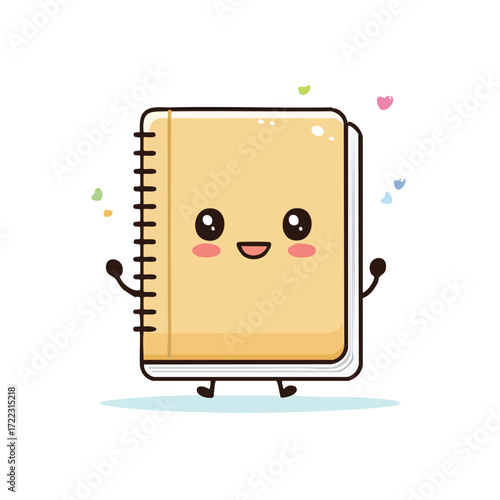 Cute cartoon notebook character with a happy expression, arms raised, and small legs, standing.