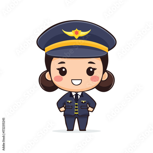 Funny cartoon policeman in uniform with badge and cap holding a gun standing for safety and justice