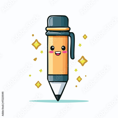 Cute cartoon pencil with a smiling face and eraser, surrounded by sparkles.