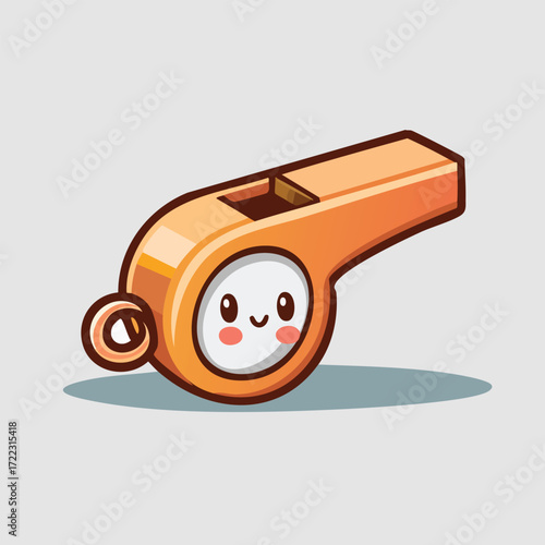 Cartoon illustration of an orange whistle with a cute smiling face, isolated on a gray background.