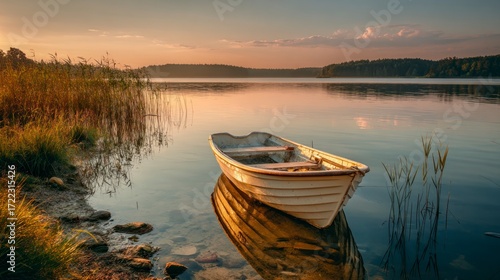Peaceful lakeside sunrise rowboat