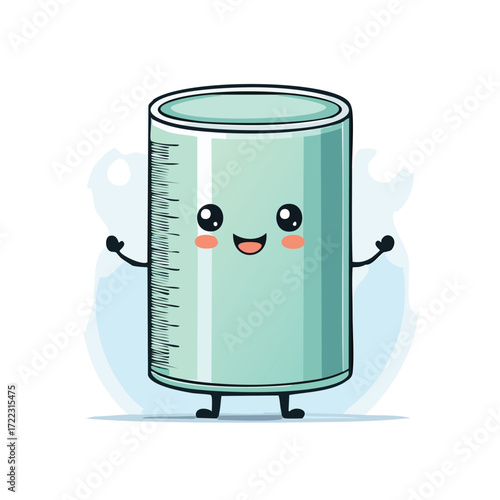 A cute cartoon illustration of a graduated cylinder with a happy face and arms.