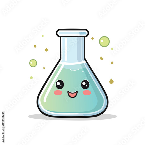 Cute cartoon illustration of a smiling Erlenmeyer flask with liquid inside, bubbles around.