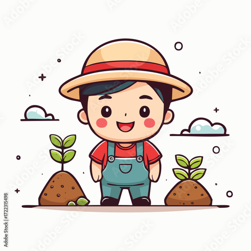 Boy in a hat with watering can and shovel cartoon illustration of happy child playing outdoors