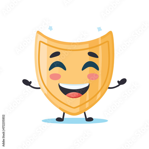 Cheerful cartoon shield character with a big smile, arms outstretched, and happy expression.