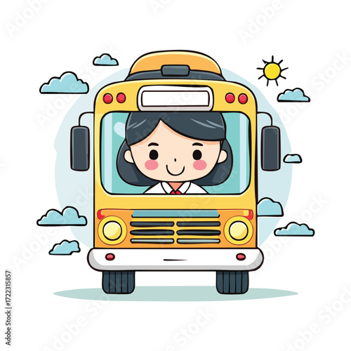 A vector cartoon illustration shows a school bus with a driver and children on the road