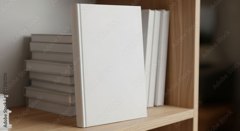 Fototapeta premium Blank book cover mockup displayed amongst other books on a wooden shelf.
