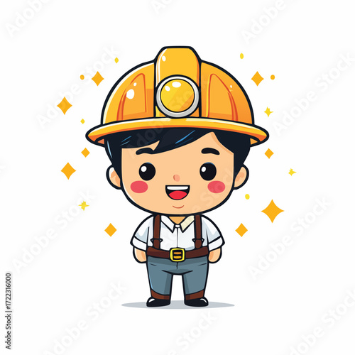 A vector cartoon illustration of a construction worker character wearing a hardhat and uniform
