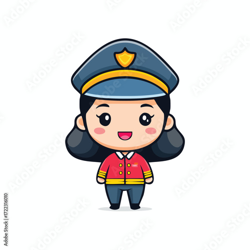 A funny cartoon police officer wearing a helmet and a uniform stands guard, upholding the law with a big smile