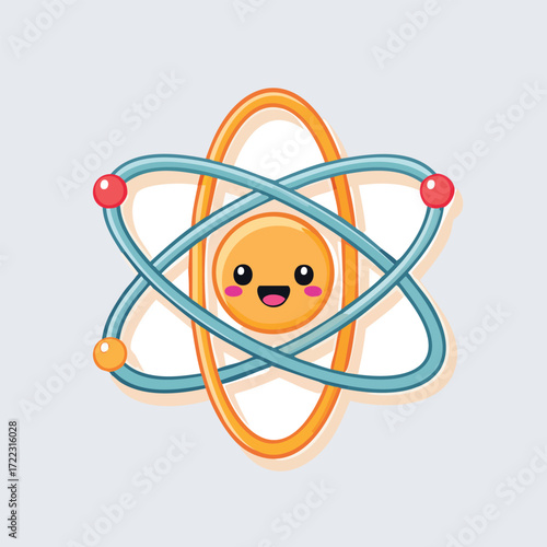 Cute cartoon illustration of an atom with a smiling face, representing science.