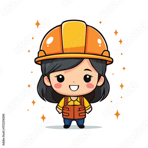 Builder with a hardhat and helmet on a construction site, this is a vector illustration of a cartoon mascot character, a human wearing a safety uniform, an industrial occupation worker
