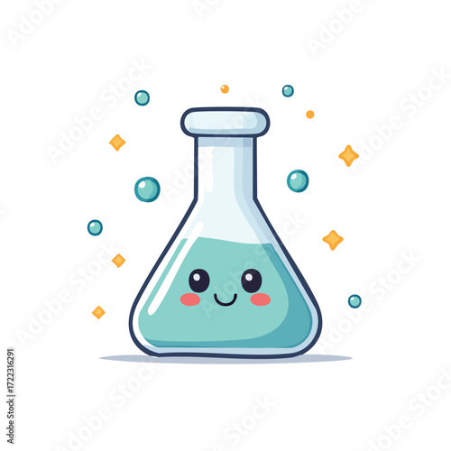 Cute cartoon illustration of a chemistry flask with a smiling face and bubbly background.
