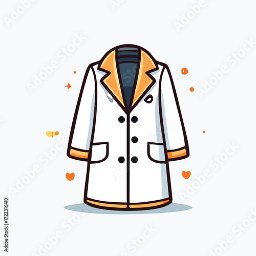 Illustration of a white lab coat with orange accents, buttons, and pockets, suitable for medical or scientific contexts.