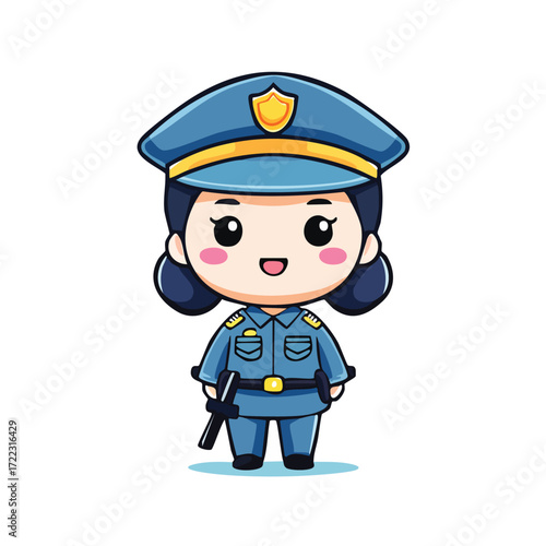 Funny cartoon policeman in uniform with gun and badge