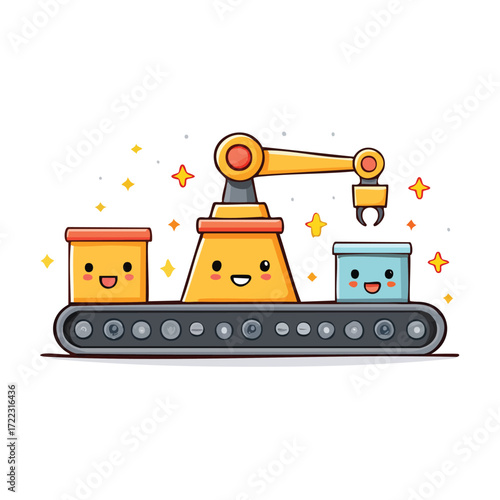 Cartoon vector illustration of a boat and ship with construction and transport machinery icons