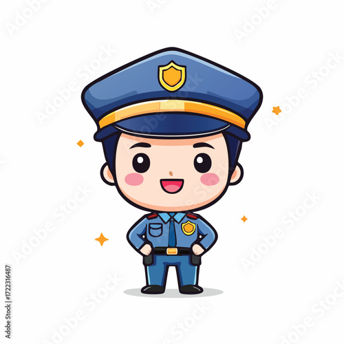 Funny cartoon policeman set in uniform with badge and cap representing law and safety
