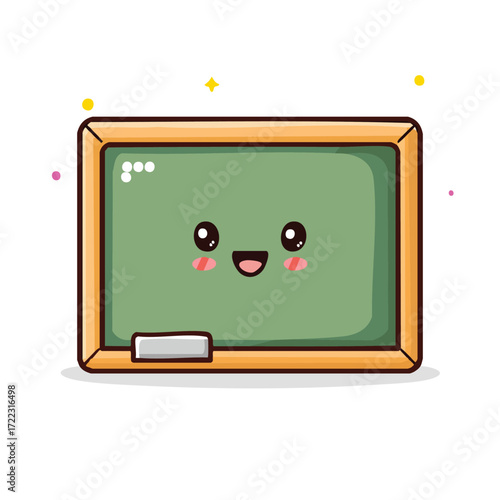 A cute cartoon chalkboard with a smiling face, eraser, and a wooden frame, perfect for education.