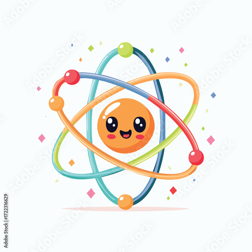 Cartoon illustration of an atom with a smiling face, orbiting electrons, and colorful design.