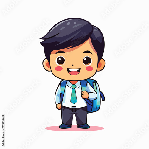 A cheerful cartoon illustration of a young schoolboy with a backpack, ready for education.