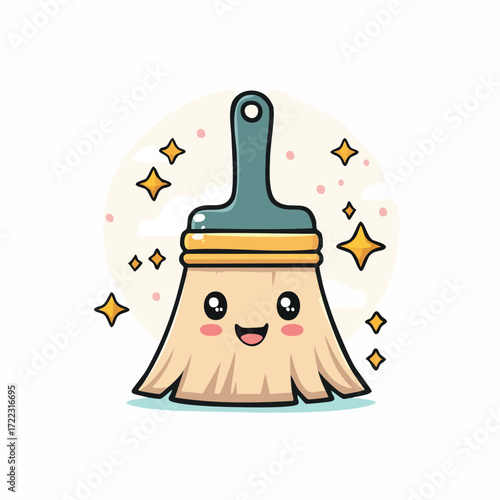 A charming cartoon illustration of a smiling, anthropomorphic cleaning brush with a cute face and sparkles.