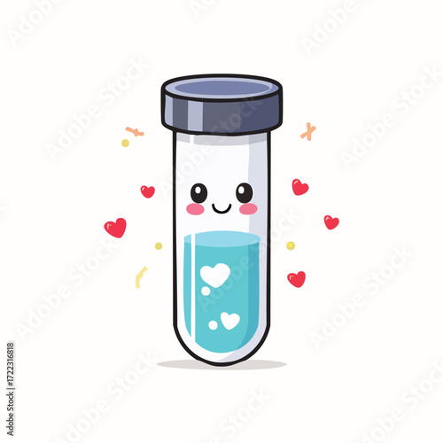 Cute cartoon illustration of a test tube with a happy face and hearts.