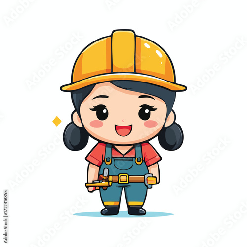 Cartoon character builder with safety helmet and vector tools illustration